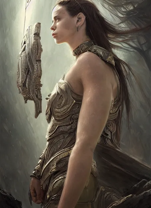 Image similar to a professional portrait of a beautiful young female, clothed in ethereal battle armor, olive skin, long dark hair, beautiful bone structure, symmetrical facial features, intricate, elegant, digital painting, concept art, smooth, sharp focus, finely detailed, illustration, from Valerian and the City of a Thousand Planets, in the style of Ruan Jia and Mandy Jurgens and Artgerm and Greg Rutkowski and William-Adolphe Bouguerea