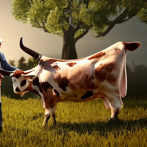 Image similar to detailed drake milking a cow, ultra realistic, 8 k, ultra details, highly detailed face, sharp focus