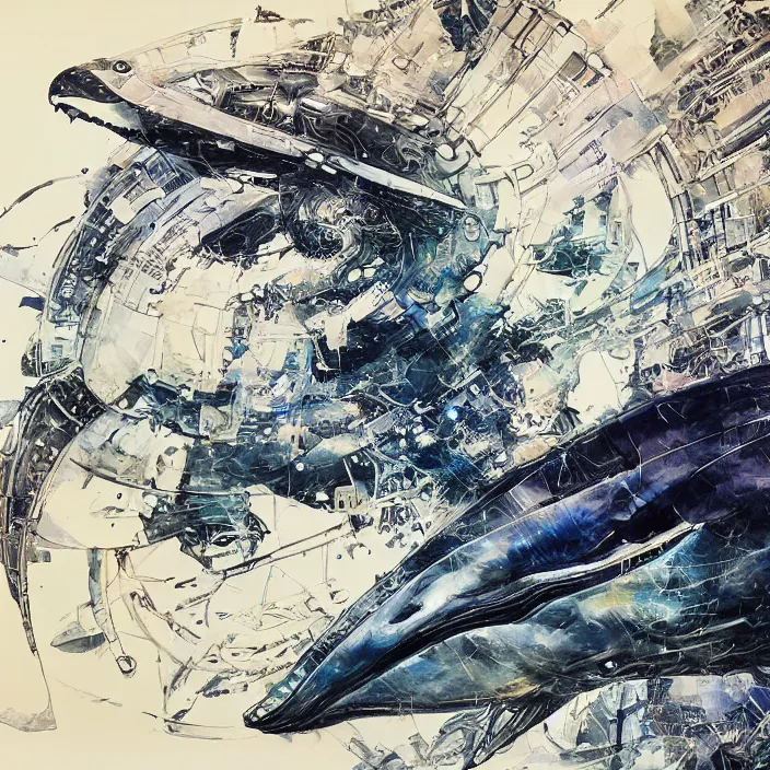 Image similar to mechanical whale, painting, by greg ruthowski, yoshikata amano, yoji shinkawa, alphonse murac, collaborative artwork, beautifully drawn, heavily detailed