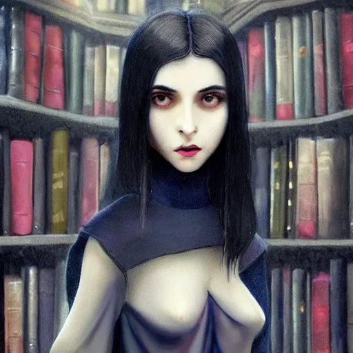 Prompt: 1 4 - year - old pale - skinned persian goth girl, black hair, long bob hair, black long coat, psychic girl, gloomy library, hogwarts library, ultra - realistic, sharp details, subsurface scattering, intricate details, cold lighting, highly detailed, photorealistic, octane render, 8 k unreal engine, art by artgerm