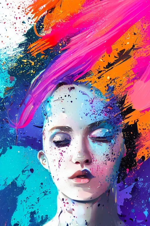 Image similar to a award winning half body portrait of a beautiful woman in a croptop and cargo pants with ombre navy blue teal hairstyle with head in motion and hair flying, paint splashes, splatter, outrun, vaporware, shaded flat illustration, digital art, trending on artstation, highly detailed, fine detail, intricate