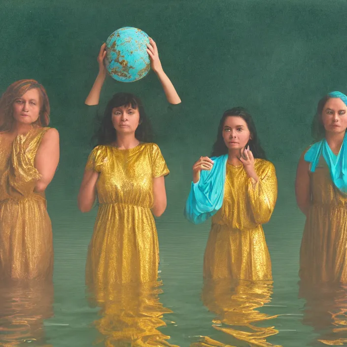 Image similar to a color photograph, closeup portrait of three women wrapped in gold, standing next to a levitating turquoise orb, in a foggy lake, color photograph, by vincent desiderio, canon eos c 3 0 0, ƒ 1. 8, 3 5 mm, 8 k, medium - format print