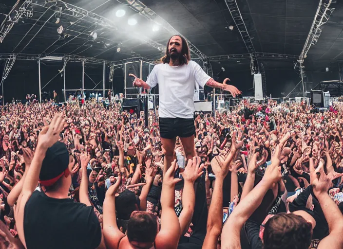 Image similar to photo still of jesus christ on stage at vans warped tour!!!!!!!! at age 3 2 years old 3 2 years of age!!!!!!! throwing bibles to the crowd, 8 k, 8 5 mm f 1. 8, studio lighting, rim light, right side key light