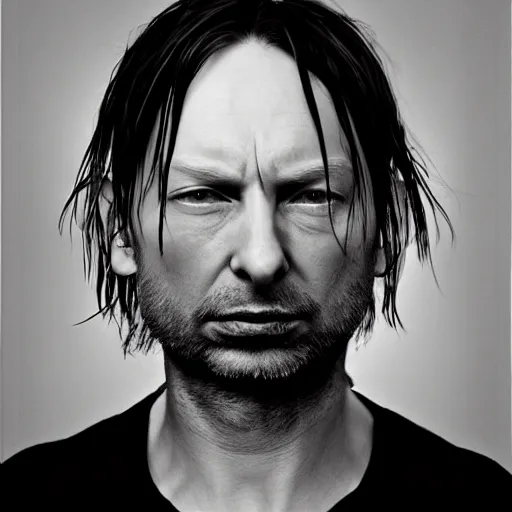 Prompt: Radiohead, Thom, with a beard and a black shirt, a computer rendering by Martin Schoeller, cgsociety, de stijl, uhd image, tintype photograph, studio portrait, 1990s, calotype