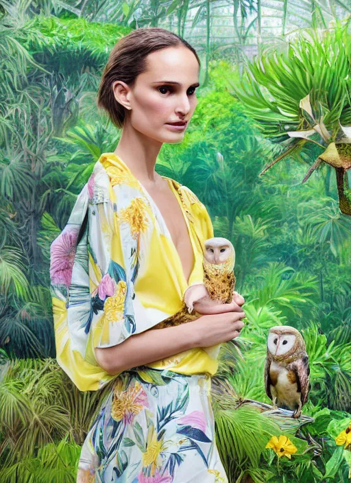 Image similar to Award winning head to shoulder portrait photograph of an elegant top model that looks like natalie portman wearing a yellow kimono with a very detailed barn owl on her shoulder!!! in a tropical greenhouse. looking at the camera!!. super resolution. Extremely detailed. art by Rineke Dijkstra.