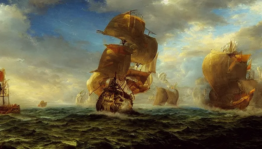 Prompt: a large flying pirate airship, 1 8 th century, painting by edward moran, beautiful, highly detailed