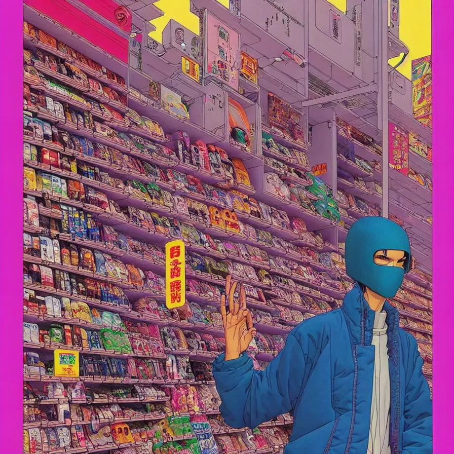 Image similar to ( ( ( ( cyberpunk convenience store ) ) ) ) by mœbius!!!!!!!!!!!!!!!!!!!!!!!!!!!, overdetailed art, colorful, artistic record jacket design