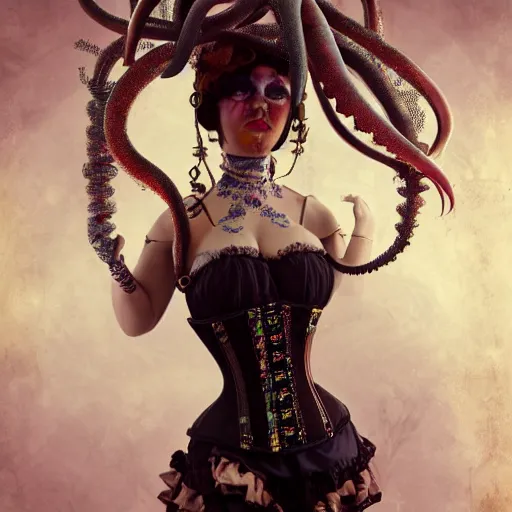 Prompt: photorealistic soft paint underwater render of a curiosities carnival with a single young beautiful doll in a full steampunk corset, multiples very long tentacles, symmetry accurate features, ominous depths, elegance, refractions, reflections, focus, rainbow lighting, very high details, award winning masterpiece, octane, artstation, squids, by tom bagshaw