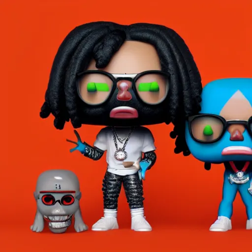 Image similar to funko pop of rap trio migos, product shot, macro, hyper realistic, octane render, unreal engine, 4 k, 8 k