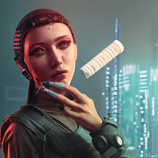 Image similar to cyberpunk woman, cigarette dangling, grenade in hand, by pascal blanche, ultradetailed, 8 k