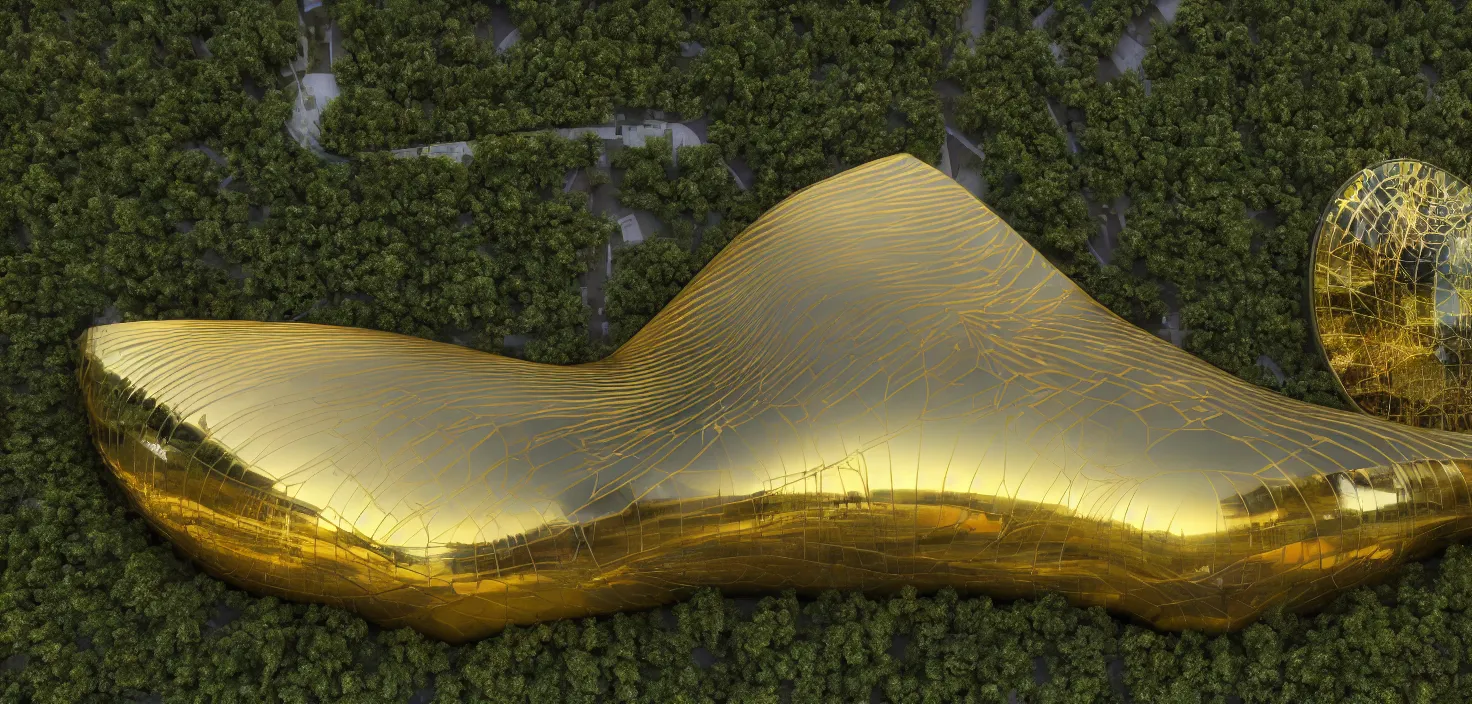 Image similar to futuristic shinny golden mirror building camouflaged in an jungle landscape of a solarpunk world by frank gerhy and oscar niemeyer, shinny golden roads and bridges designed by zaha hadid, movie poster, spiral golden ratio, at dusk lighting, evening lighting, reflections, film still, hyper realistic, octane render redshift arnold materials unreal engine, 8 k post production, hyper detailed