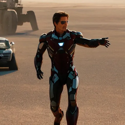 Prompt: movie still of tom cruise as tony stark from iron man, photography