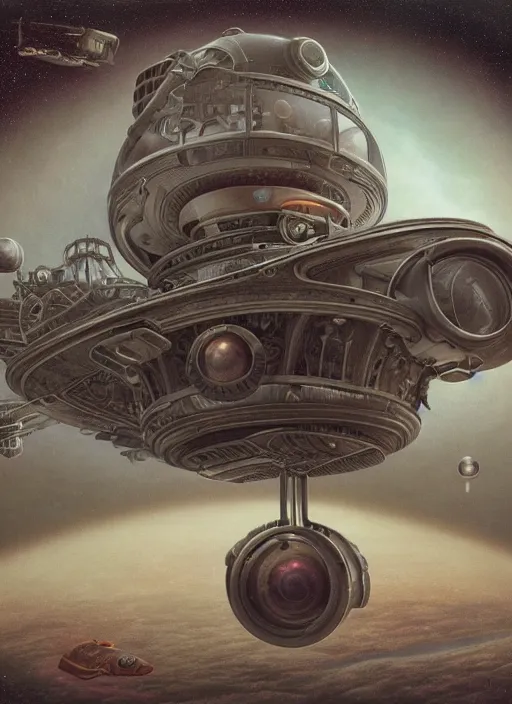 Prompt: highly detailed wide - angle portrait of a retro a retro mechanical saucer spaceship, nicoletta ceccoli, mark ryden, lostfish, earl nore, hyung tae, frank frazetta, global illumination, detailed and intricate environment