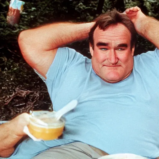 Image similar to john candy is relaxing on the beach, he is rubbing barbeque sauce on his skin. robin williams rubs bbq sauce on hos skin but his arms are too hairy, vacation photo