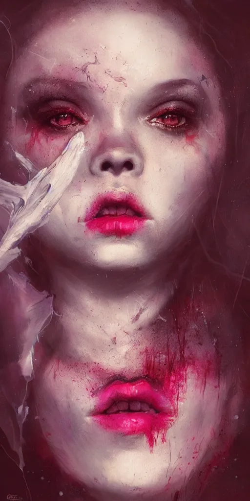 Image similar to shot of sinister girl with pouty aerochrome lips, fungal, adorable, expressive eyes, playful pose of a dancer, greg rutkowski, charlie bowater, yuumei, stephen gammell, unreal 5, daz, hyperrealistic, octane render, dark, dynamic lighting, fantasy art, beautiful face