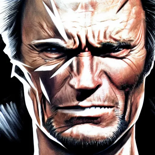 Prompt: Clint Eastwood as Wolverine, metal claw out, X-men angry face, hyper realistic, portrait, high detail skin