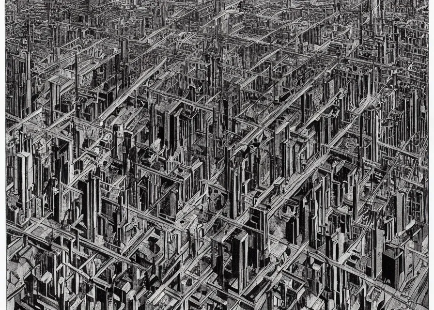 Image similar to dystopian metropolis, panoramic view, very complex architecture, ominous, dark, by de chirico, by hugo simberg, by roberto matta