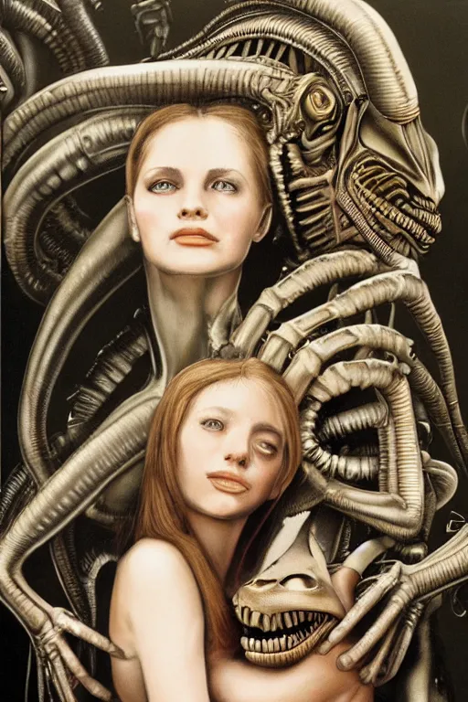 Image similar to beautiful young gillian andersom with alien xenomorph queen by h.r. giger, detailed, proportional, trending on art station, 4k