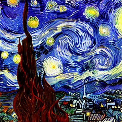 Image similar to the starry night, fantasy, hd, volumetric lighting, 4 k, intricate detail, by jesper ejsing, irakli nadar