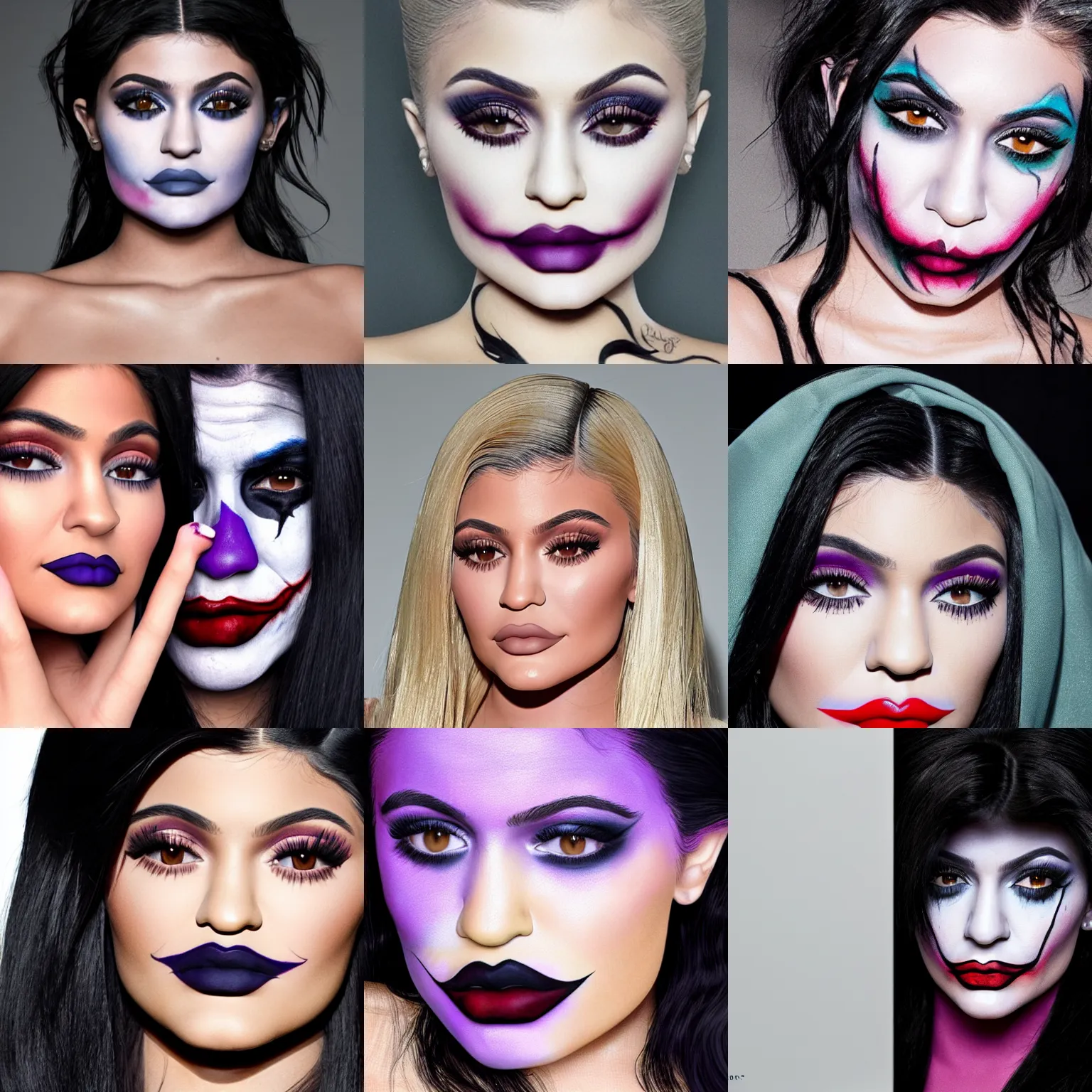 Prompt: A portrait of kylie jenner with the joker makeup, highly detailed, detailed face, studio lighting