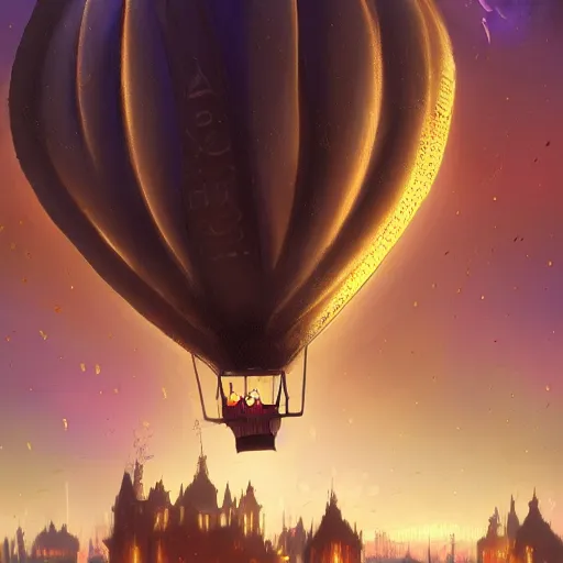 Image similar to a beautiful stunning fantasy whimsical matte digital illustration of a hot - air balloon powered by magic over a lit city at night by marc simonetti, pastel color palette, disney magic the gathering steampunk, chiaroscuro magical bokeh moon stars dramatic romantic, trending on artstation hq, masterpiece