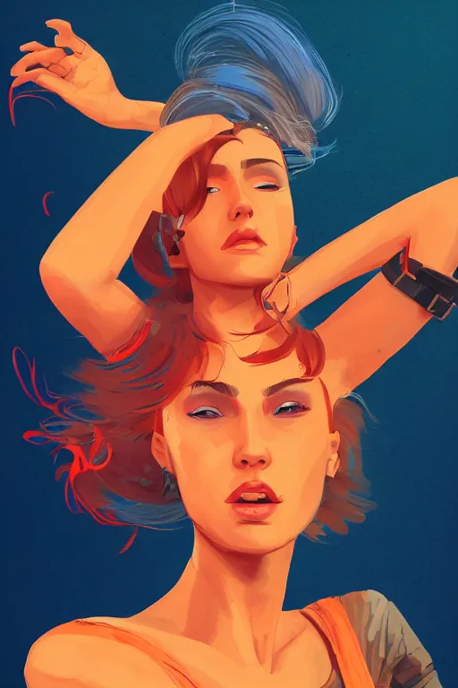 Image similar to a award winning half body portrait of a beautiful caucasian woman in a croptop and cargo pants with ombre orange blue teal hairstyle with head in motion and hair flying by will eisner, outrun, vaporware, digital art, trending on artstation, highly detailed, fine detail, intricate