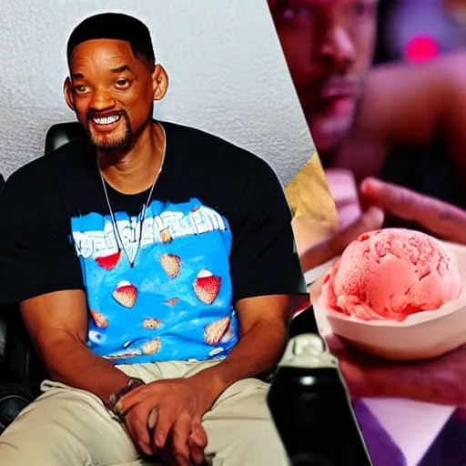 Image similar to will smith relaxed watching the world apocalypse while eating a strawberry ice cream