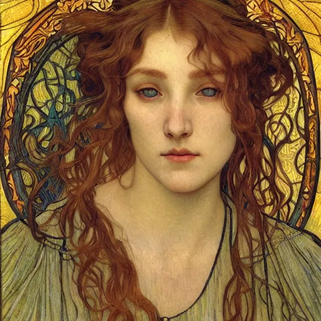 Image similar to detailed realistic beautiful young medieval queen face portrait by jean delville, alphonse mucha, vincent van gogh, and marco mazzoni, art nouveau, symbolist, visionary, gothic, pre - raphaelite