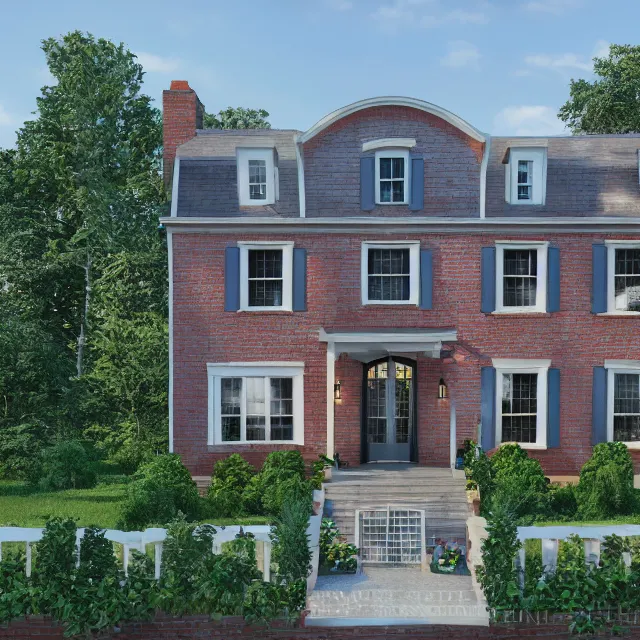 Image similar to modern new england colonial house with a round blue door, brick cape house, realistic, unreal engine render, octane render, hyper realistic, photo, 8 k