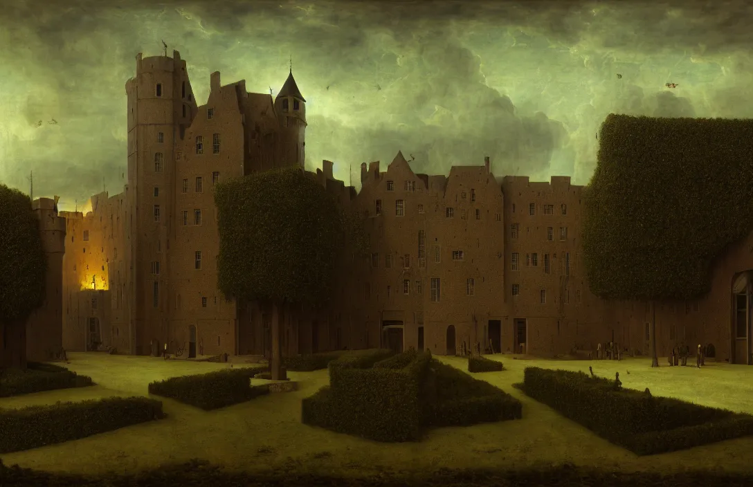 Image similar to ship ever further out to sea concentration camps painting by jan van eyck sequestered corner of a garden within a castle walls intact flawless ambrotype from 4 k criterion collection remastered cinematography gory horror film, ominous lighting, evil theme wow photo realistic postprocessing by jan urschel render by gregory crewdson