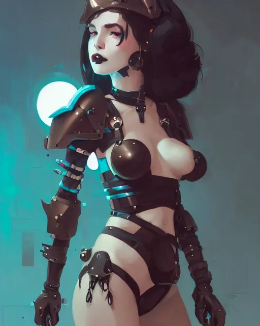 Image similar to portrait of cute goth girl in cyber bikini armor, warhammer, by atey ghailan, by greg rutkowski, by greg tocchini, by james gilleard, by joe fenton, by kaethe butcher, dynamic in lighting, gradient light blue, brown, blonde cream and white color scheme, grunge aesthetic