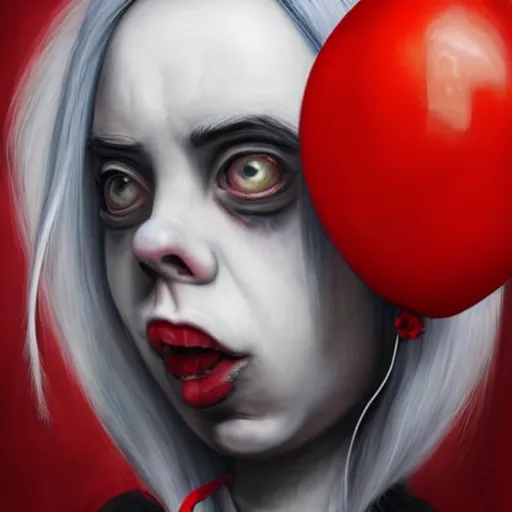 Image similar to surrealism grunge cartoon portrait sketch of billie eilish with a wide smile and a red balloon by - michael karcz, loony toons style, pennywise style, chucky style, horror theme, detailed, elegant, intricate