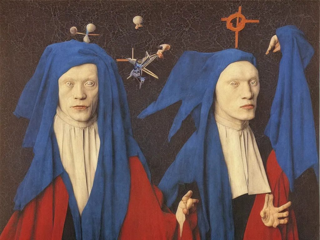 Image similar to Portrait of albino mystic with blue eyes, with cross. Painting by Jan van Eyck, Audubon, Rene Magritte, Agnes Pelton, Max Ernst, Walton Ford