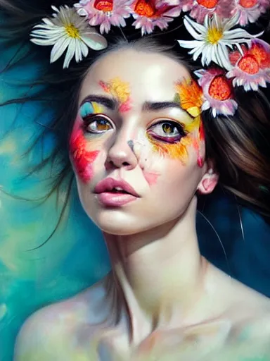 Prompt: portrait of lyndsey scott with a floral background : : painted by artgerm, karol bak, artur bordalo, sandra chevrier : : portrait, character, illustration, hyperrealism, photorealism