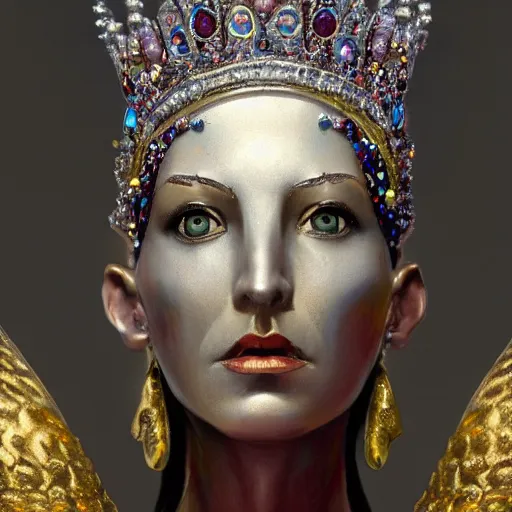 Prompt: bald silver woman statue, colorful crown made out of gold and jewels, 3 / 4 view face, john howe, greg rutkowski