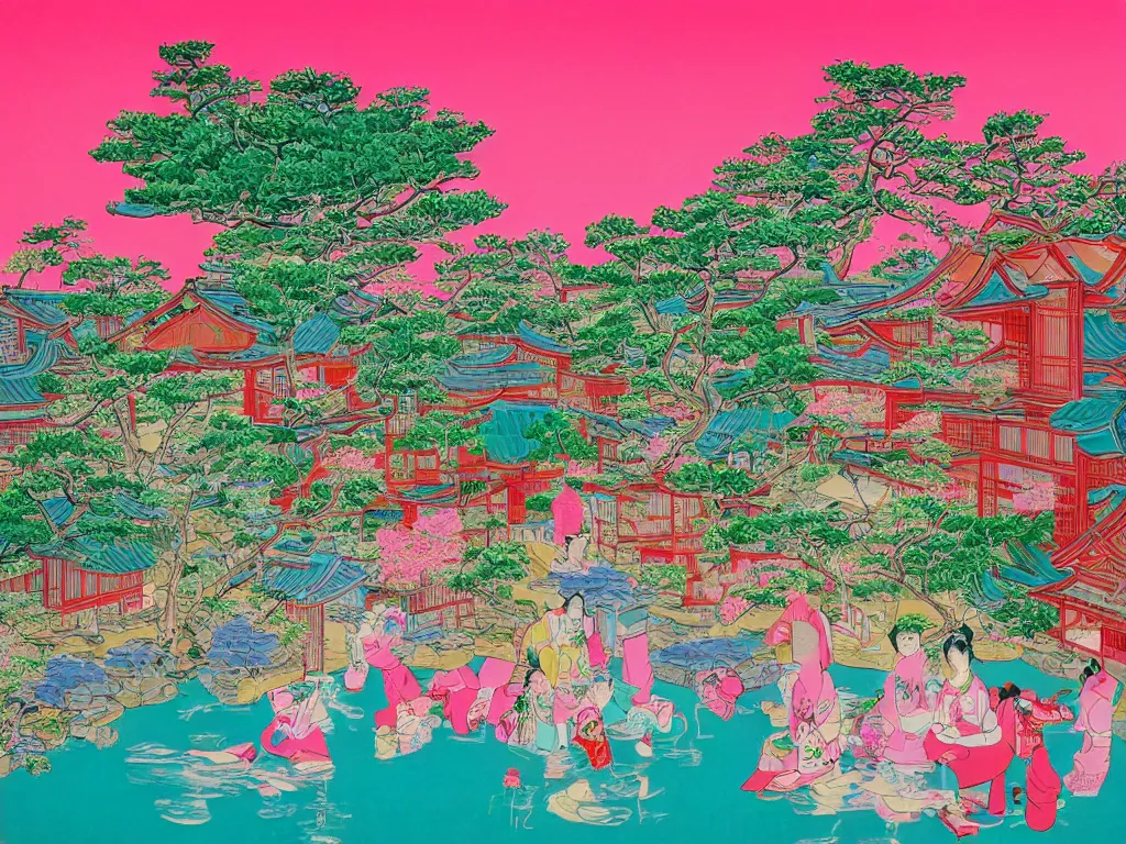 Image similar to image of a traditional japanese house with a garden, a pond in the garden, pink children are sitting around it, a combination of pop art and traditional japanese painting styles, the style of andy warhol and jackie tsai, bright palette, acrylic on canvas