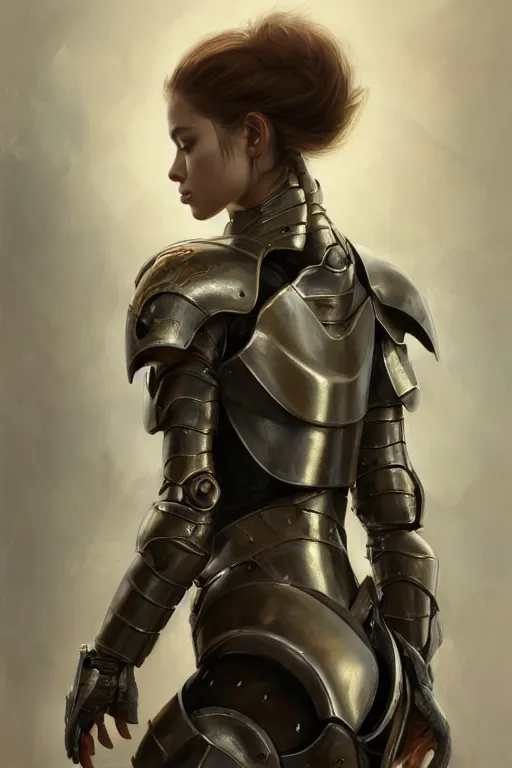 Image similar to a photorealistic painting of an attractive young girl, partially clothed in metal-plated battle armor, olive skin, long dark hair, beautiful bone structure, symmetrical face, perfect eyes, intricate, elegant, digital painting, concept art, illustration, sharp focus, minimal artifacts, from Metal Gear, in the style of Ruan Jia and Mandy Jurgens and Greg Rutkowski, trending on Artstation, award winning