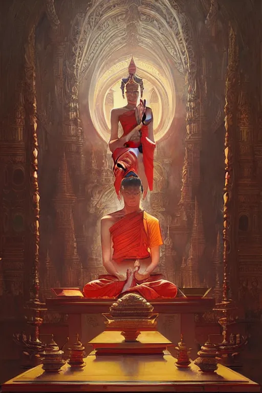 Image similar to temple, buddhism, painting by greg rutkowski, j. c. leyendecker, artgerm