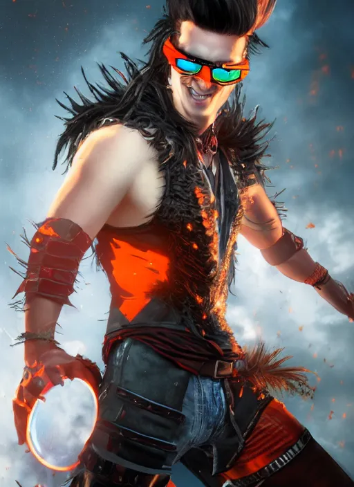 Image similar to An epic fantasy comic book style portrait painting of young man with red spiked long hair, using an orange lens googles. Wearing a black waistcoat, white shirt. He is with a vicious smile in face. Unreal 5, DAZ, hyperrealistic, octane render, cosplay, RPG portrait, dynamic lighting