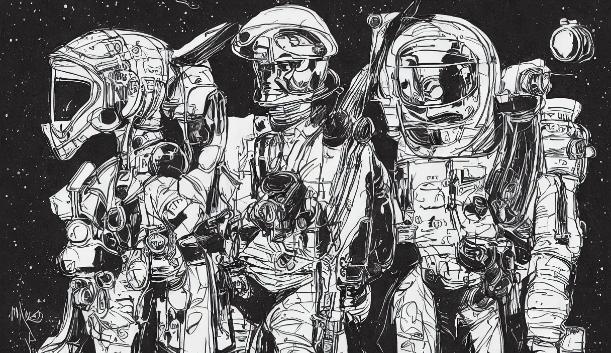 Image similar to male, heroic figure, space suit with a modern helmet, character sheet, science fiction, very stylized, digital art, shaded pen and ink, digital painting, by mike mignola, by alex maleev, jean giraud