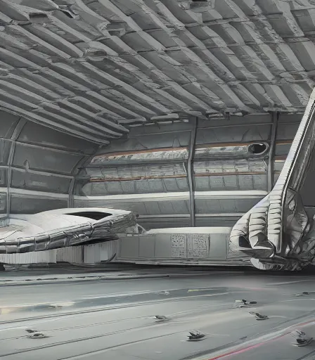 Prompt: highly detailed Spaceship hangar concept art, artstation