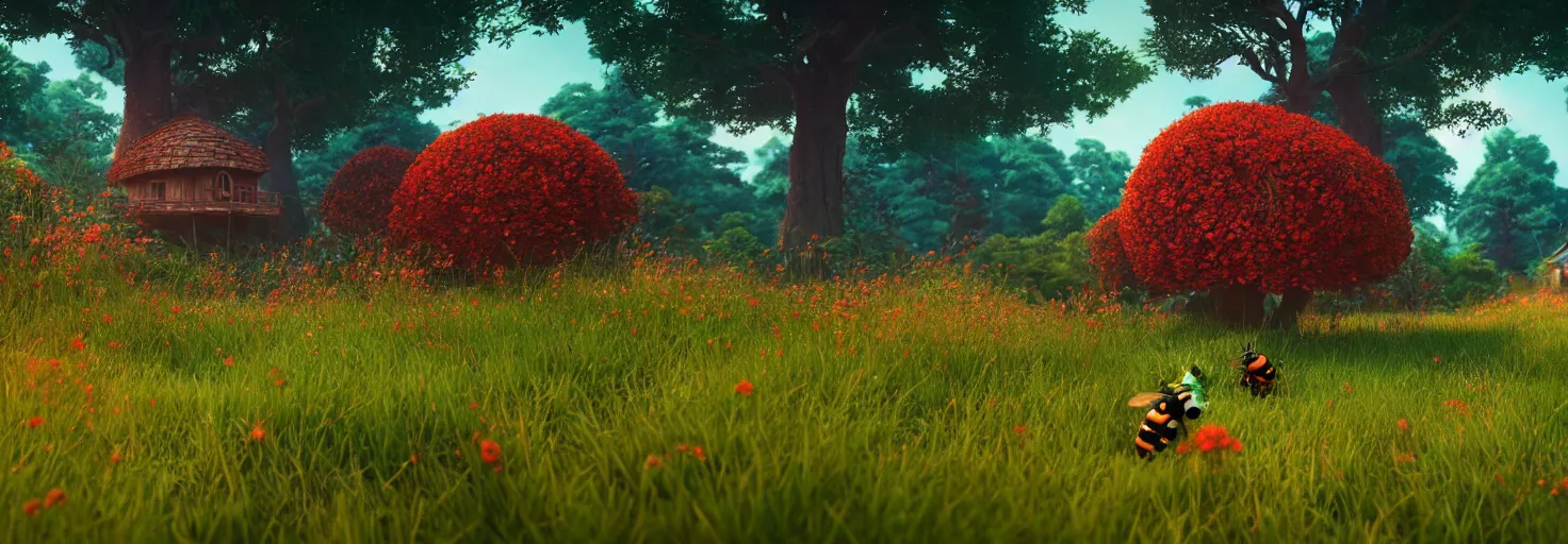Image similar to stunning glowing crimson beehive with black accents, in a beautiful forest meadow village landscape, flowers, happy trees, photorealistic, octane render, rtx, hdr, unreal engine, digital art widescreen 8 k, studio ghibli, pixar, bee movie, disney