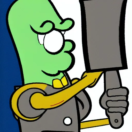 Image similar to squidward from spongebob squarepants with hair, holding a hammer