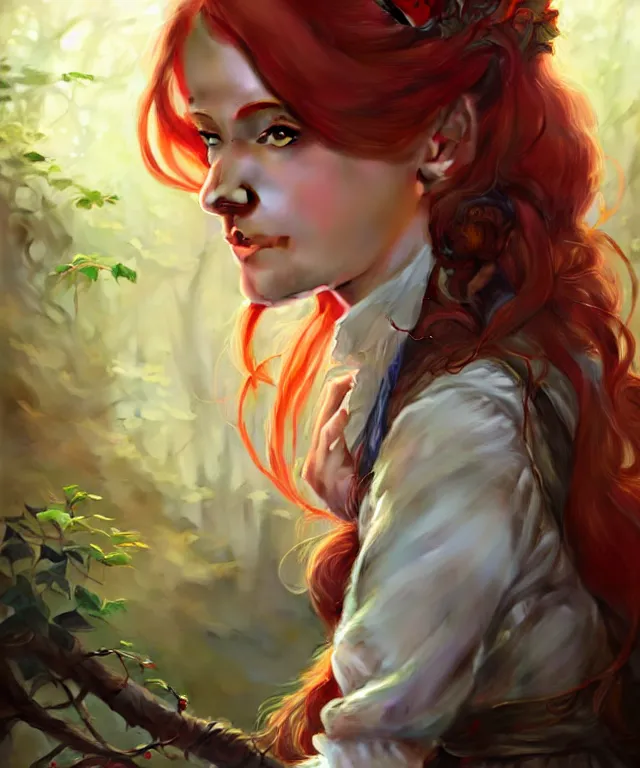 Image similar to portrait cute female, magic school uniform, fantasy forest landscape, dnd fantasy magic, long red hair, cinematic rim light, intricate, elegant, highly detailed, digital painting, artstation, concept art, smooth, sharp focus, illustration, art by artgerm and greg rutkowski and alphonse mucha