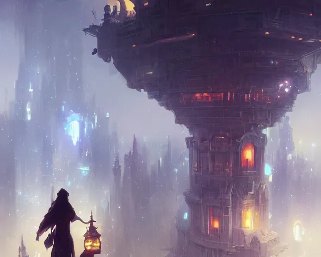 Image similar to great city of the lantern of time, a sci-fi digital painting by Greg Rutkowski and James Gurney, trending on Artstation, eerily beautiful, highly detailed