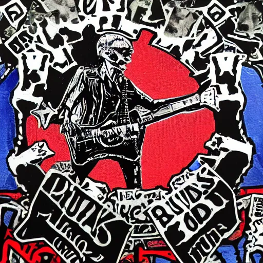 Image similar to painting on a badge, punks not dead!, exploited!!, clash, junk yard, rats!!, god save the queen, punk rock album cover art style, grunge, no future