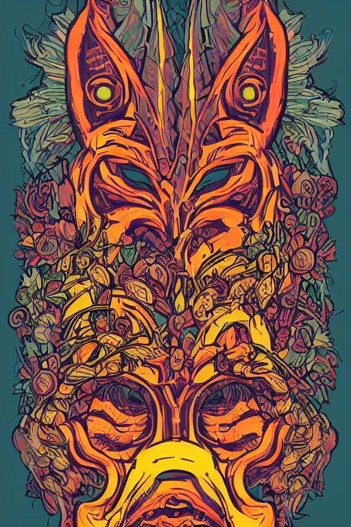 Image similar to animal mask totem roots flower tribal feather gemstone plant wood rock shaman vodoo video game vector cutout illustration vivid multicolor borderlands comics by josan gonzales and dan mumford radiating a glowing aura