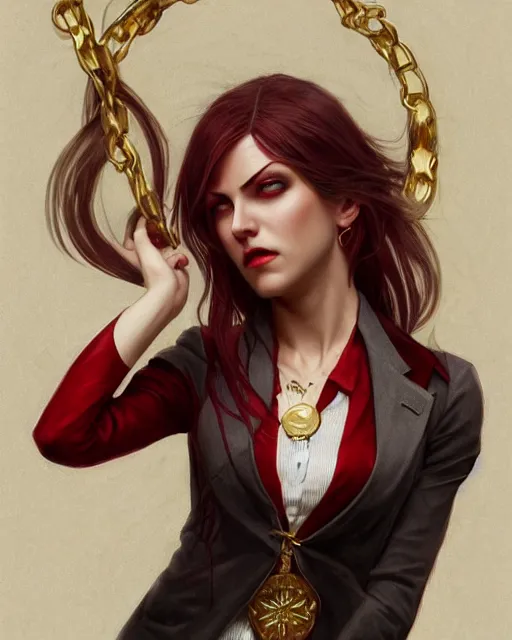 Image similar to female vampire, perfect face, gold waistcoat, red shirt, long grey hair, red necktie, cinematic, stunning, highly detailed, digital painting, artstation, smooth, hard focus, illustration, art by artgerm and greg rutkowski and alphonse mucha