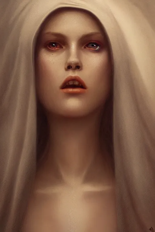 Image similar to Ultra realistic and ultra intricate detailed soft painting of a beautiful slim curvy female demonic nun in revealing religious dress, thin lustrous hair, symmetry features, sensual gloomy style, soft painting, volumetric clouds, fantasy background, artstation, Tom Bagshaw artstyle, unreal render, depth of field