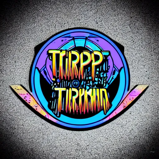 Image similar to sticker of a rock band, name is tripmachine, on the sticker is a 3 d render of a huge futuristic steampunk engine generator, 8 k, fluorescent colors, halluzinogenic, multicolored, exaggerated detailed, silk screen art